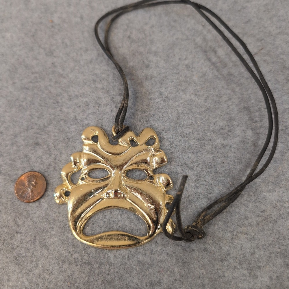 Vintage Gold Tone Drama Tragedy Mask Pendant Necklace Cord - Picture 1 of 3